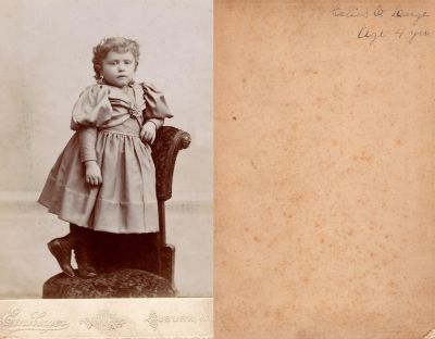 Celia E. Large

THIS HAS BEEN RETURNED TO FAMILY

This Cabinet Card Photo States: "Celia E. Large, age 4 years"

The Photographers name is "Ernsberger", Auburn, New York.

