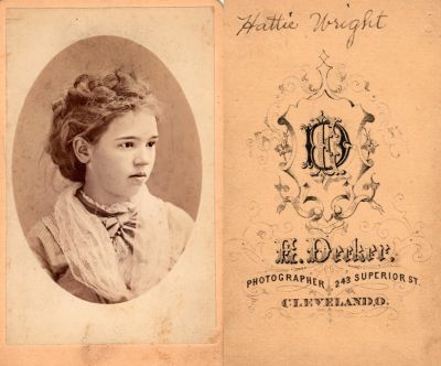 Hattie Wright

THIS HAS BEEN RETURNED TO FAMILY

This CdV Photograph States: "Hattie Wright"

The Photographers name is "Decker", Cleveland, Ohio.
