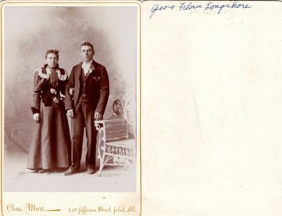 Geo. & Flora Longshore

THIS HAS BEEN RETURNED TO FAMILY

This Cabinet Card Photo States: "Geo. & Flora Longshore"

The Photographers name is "Chas. Murr", Joliet, Illinois.
