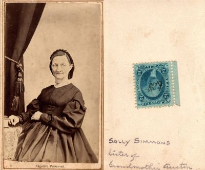 Sally Simmons

THIS HAS BEEN RETURNED TO FAMILY

This CdV Photograph States: "Sally Simmons, sister of Grandmother Austin"
