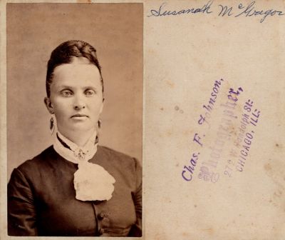 Susannah McGregor

THIS HAS BEEN RETURNED TO FAMILY

This CdV Photograph States: "Susanah McGregor"

The Photographers name is "Chas. F. Johnson", Chicago, Illinois.
