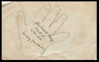 John Lowell Berry Baby Book 

THIS HAS BEEN RETURNED TO FAMILY

Outline of baby's hand at 14 months old, Sunday, Jan 22, 1922.
