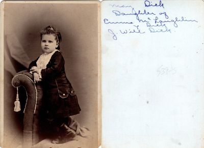 May L. Dick

This was Donated by Cheryl Webber.

This Cabinet Card Photo States: "May Dick, Daughter of Emma McLaughlin & J. Will Dick"

