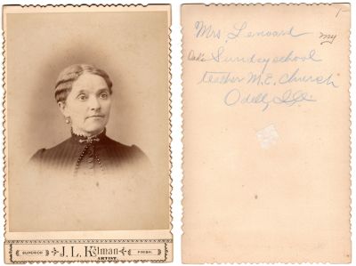 Sarah Isabelle "Belle" Timmons Leonard

THIS HAS BEEN RETURNED TO FAMILY

This was Donated by Cheryl Webber.

This Cabinet Card Photo States: "Mrs. Leonard my Dad's Sunday School Teacher, M. E. Church, Odell, Illinois."

The Photographers name is "J. L. Kelman", no location provided.
