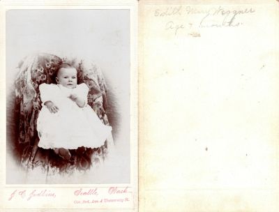 Edith Mary Weggner

This was Donated by Cheryl Webber.

This Cabinet Card Photo States: "Edith Mary Weggner, Age 7 months"

The Photographers name is "Judkins", Seattle, Washington.

