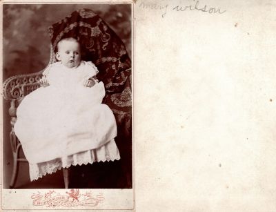 Mary Wilson

This was Donated by Cheryl Webber.

This Cabinet Card Photo States: "Mary Wilson"

The Photographers name is "Burkholder", Mansfield, Ohio.
