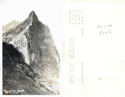 Nuuanu Pali, Honolulu

This was Donated by Elaine Swan.

This Real Photo Postcard (RPPC) States on the front: "Nuuanu Pali", Honolulu"

On the Back of the Real Photo Postcard (RPPC) it States: "Suicide Peak"
