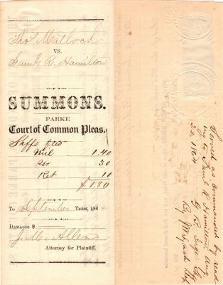 Samuel R. Hamilton

This was Donated by a Anonymous Donor.

This is a Summons Dated 27 July 1864.

Thomas Matlock VS. Samuel R. Hamilton, Parke County, Indiana.

Other names include Ransom Reddish & Edna Reddish.

