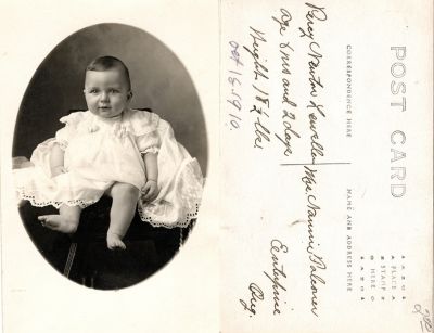 Percy Newton Lewellen

This was Donated by Cheryl Webber.

This Real Photo Postcard (RPPC) States: "Percy Newton Lewellen, age 8 months & 2 days. Weight 18 1/2 lbs. 18 October 1910"

The Real Photo Postcard (RPPC) is addressed to "Mrs. Nannie Falconer", Enterprise, Oregon.
