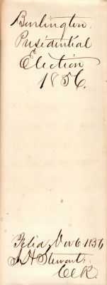Burlington, Carroll County, Indiana Presidential Election 1856

THIS WAS DONATED TO THE CARROLL COUNTY HISTORICAL SOCIETY

This was Donated by a Anonymous Donor.

Family Treasures Found has the voting documents from the 1856 Burlington, Carroll County, Indiana Presidential Election of 1856. The documents are to large to scan. They include the tally sheet, individual sheets of voter names & other documents relating to the election.

