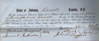 Burlington, Carroll County, Indiana Presidential Election 1856

THIS HAS BEEN DONATED TO THE CARROLL COUNTY HISTORICAL SOCIETY.

This was Donated by a Anonymous Donor.

Family Treasures Found has the voting documents from the 1856 Burlington, Carroll County, Indiana Presidential Election of 1856. The documents are to large to scan. They include the tally sheet, individual sheets of voter names & other documents relating to the election.
