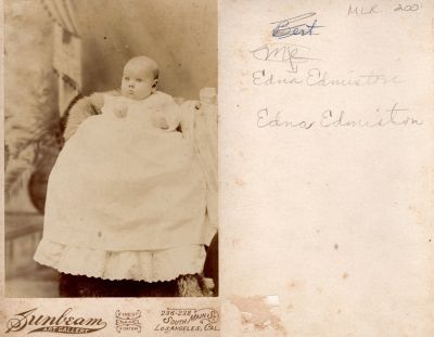 Edna Edmiston

THIS HAS BEEN RETURNED TO FAMILY

This was Donated by Cheryl Webber.

This Cabinet Card Photo States: "Edna Edmiston"

The Photographers name is "Sunbeam", Los Angeles, California.
