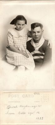 Orval Hayden & Laura Belle Hayden

THIS HAS BEEN RETURNED TO FAMILY

This was Donated by Cheryl Webber.

This Real Photo Postcard States: "Orval Hayden, Age 15 & Laura Belle, Age 12, 1923"



