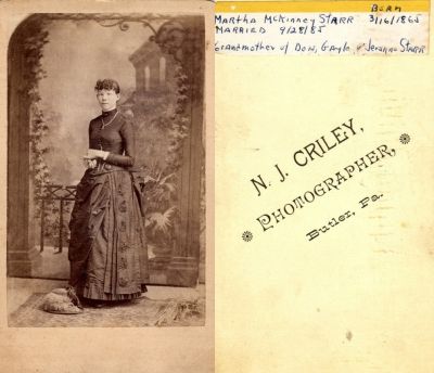 Martha Jane McKinney Starr

This was Donated by Linda Zinn.

This CdV Photograph States: "Martha McKinney Starr, born 16 March 1865. Married 28 September 1885. Grandmother of Don, Gayle & Je______?Starr"

The Photographers name is "N. J. Criley", Butler, Pennsylvania.
