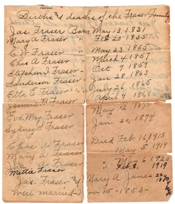 Click to view full size image
==============
James A. Fraser Family Records
THIS HAS BEEN RETURNED TO FAMILY
This was Donated by Linda Killebrew.
Family History on the James A. Fraser Family
 James A. Fraser Family Records
THIS HAS BEEN RETURNED TO FAMILY
This was Donated by Linda Killebrew.
Family History on the James A. Fraser Family