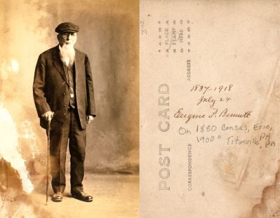 Eugene Percival Bennett

This was Donated by Linda Zinn.

This Real Photo Postcard (RPPC) States: "24 July 1837 - 1918 (I believe this is a incorrect death date), Eugene P. Bennett"
