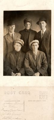 Andrew Brink, Joe Klein, Einar Jacobson, John Henry Brink & Leo Devlin

THIS HAS BEEN RETURNED TO FAMILY

This was Donated by Cheryl Webber.

This Real Photo Postcard (RPPC) States: "Andrew Brink, Joe Klein, Einar Jacobson, Johnny Brink & Leo Devlin"
