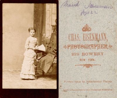 Maud Freeman

THIS HAS BEEN DONATED TO THE SPECIAL COLLECTIONS AREA OF SYRACUSE UNIVERSITY LIBRARIES

This was donated by Pamela Crosby.

This CdV Photograph States: "Maud Freeman, Age 22"

The Photographers name is "Chas. Eisenmann", 229 Bowery, New York

