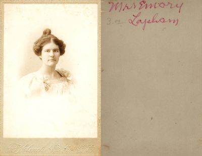 Mrs. Emory Lapham

This was Donated by Pamela Crosby.

This Cabinet Card Photo States: "Mrs. Emory Lapham"

The Photographers was in Fairport, New York.
