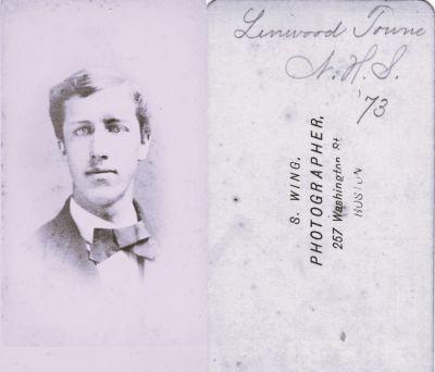 Linwood Orville Towne

This CdV Photograph States: "Linwood Orville Towne, _ H. S., '73"

The Photographers name is "S. Wing", Boston, Massachusetts.
