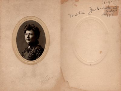 Mattie Jenke

This was Donated by Brynn Appleby.

This photo mounted on board states: "Mattie Jenke, Lady w/brooch"

The Photographer is in Danville, Virginia.


