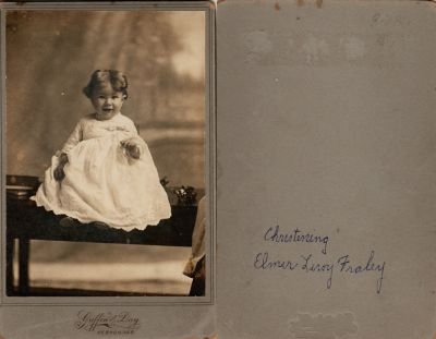 Elmer Leroy Fraley

This was Donated by Rita Wade

This Cabinet Card Photo States: "Christening, Elmer Leroy Fraley"

The Photographers name is "Griffin & Day", Hebron, Nebraska.

