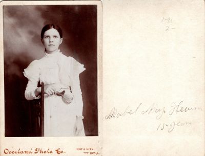 Mabel Marg Haurum

THIS HAS BEEN RETURNED TO FAMILY

This was Donated by Rita Wade.

This Cabinet Card Photo States: "Mabel Marg Haurum, 15 Years"

The Photographers name is "Overland Photo Co.", Iowa City, Iowa.
