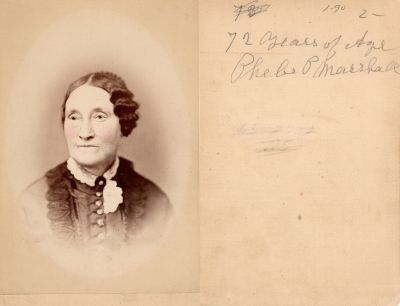 Phoebe P. Marshall

This was Donated by Rita Wade.

This Cabinet Card Photo States: "72 years of age, Phoebe P. Marshall"

