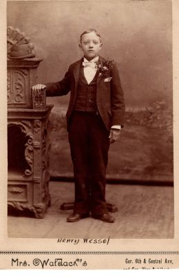 Henry Wessel

This was Donated by Rita Wade

This Cabinet Card Photo States: "Henry Wessel"

The Photographers name is "Mrs. Waldack's", Cor. 6th & Central Ave. And Cor. Liberty & Vine. Cincinnati, Ohio,
