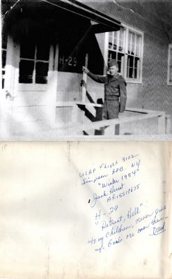 Jack Hurst

This was Donated by Cheryl Webber

This Photo States: "USAF Flight 3102, Simpson AFB, New York.

"Winter 1954", Jack Hurst, AF.15518675. H-29. "Retreat Hell". To my children, never give up. Goal over there...Dad"
