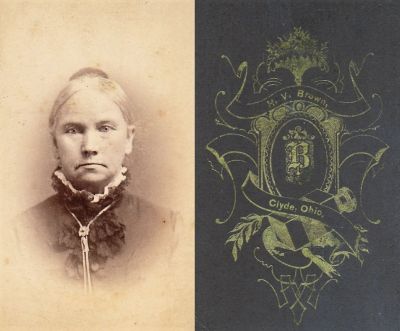 Arabella Greene Mason Rudolph

THIS HAS BEEN DONATED TO THE JAMES A. GARFIELD NATIONAL HISTORICAL MUSEUM

This was Donated by Jessica Quiroz

This CdV Photograph has been identified as Arabella Green (Mason) Rudolph, mother of First Lady, Lucretia (Rudolph) Garfield.
