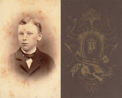 Unidentified

THIS HAS BEEN DONATED TO THE JAMES A. GARFIELD NATIONAL HISTORICAL MUSEUM

This was Donated by Jessica Quiroz

Unidentified CdV Photograph

The Photographers name is  "H. V. Brown", Clyde, Ohio. 
The boy strongly resembles Harry A. Garfield. 
