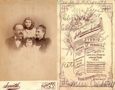 Rev. Alpha Gilruth Kynett, Elizabeth Hardy Kynett, Elizabeth Hardy Kynett & Eleanor G,  Kynett.

THIS HAS BEEN RETURNED TO FAMILY

This Cabinet Card Photo States: "Rev. Dr. A. G. Kynett, Mrs. Kynett, Elizabeth & Eleanor"

On Bottom says return to Miss Caldwell

The Photographers name is "J. Rennee Smith", Newark, New Jersey.

