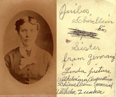 Augustine Albertine K. E. Schievelbein Zunker

This was Donated by Cheryl Webber.

This CdV Photograph States: "Julius Schievelbein his sister from Germany Linda Picture. Wilhelmina Augustine Schievelbein Married Wilhelm Zunker.

