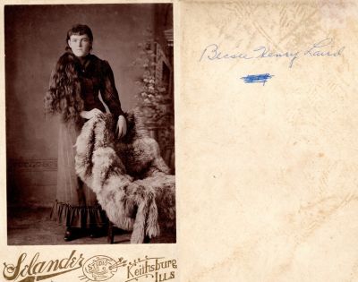Bessie May Henry Laird

This was Donated by Kathy Londo Barnes.

This Cabinet Card Photo States: "Bessie Henry Laird"

The Photographers name is "Lelander", Keithsburg, Illinois.
