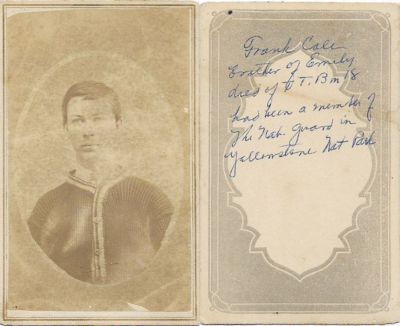 Frank Harding Cole

THIS HAS BEEN RETURNED TO FAMILY

This CdV Photograph States: "Frank Cole-Brother of Emily-Died of TTB M 18-Had been member of the National Guard in Yellowstone National Park"
