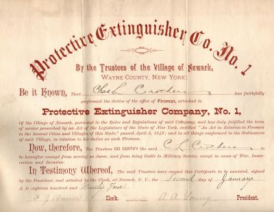 Charles L. Crothers

THIS WAS DONATED TO THE WAYNE COUNTY HISTORICAL SOCIETY & MUSEUM.

This was Donated by Cheryl Webber.

Fireman's Discharge Certificate for his service as a Fireman for Chas. L. Crothers for Wayne County, New York. Date of the Certificate is 2 January 1894.
