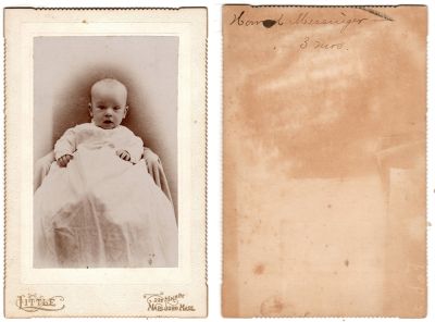 Ward Messinger

This photo mounted on board states: "Ward Messinger, 3 months"

The Photographers name is "Little", 221 Main St., Marlboro, Massachusetts.
