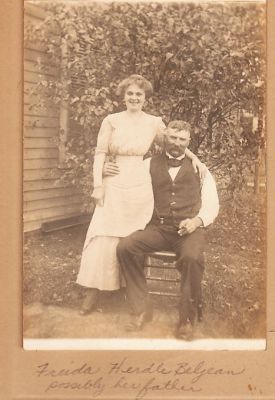 Freida Herdle Beljean Left

THIS HAS BEEN RETURNED TO FAMILY

This Real Photo Postcard (RPPC) States: "Freida Herdle Beljean & possibly her father"
