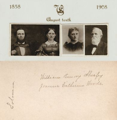 William Emory Sherfey & Joanna Catherine Woods Sherfey

This Anniversary Card States: "10 August 1858-1908, William Emery Sherfey & Joanna Catherine Woods"

NOTE: to the left it states "Solomon"
