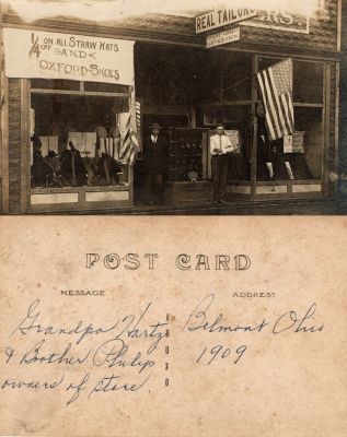 Grandpa Hartz & Brother Philip

This Real Photo Postcard (RPPC) States: "Grandpa Hartz & Brother Philip, owners of store. Belmont, Ohio. 1909"
