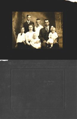 Fred Patterson & Family

This photo mounted on board states: "Fred Patterson Family. Hazel worked there before she was married."

There is no location noted.
