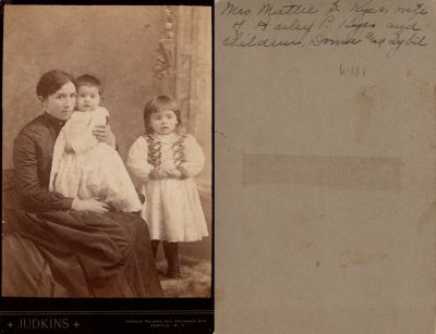 Mattie S. Wade Kyes, Donna M. Kyes & Sybil O. Kyes

THIS HAS BEEN RETURNED TO FAMILY

This Cabinet Card Photo States: "Mrs. Mattie S. Kyes, wife of Harley P. Kyes & children, Donna & Sybil"

The Photographers name is "Judkins", Seattle, Washington
