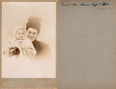 Diana Kyes & Ethel

THIS HAS BEEN RETURNED TO FAMILY

This Cabinet Card Photo States: "grandma, Diana Kyes & Ethel"

The Photographers name is "Combs", Evansville, Wisconsin
