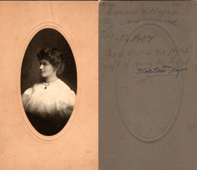 Click to view full size image
==============
Carrie M. Kyes
THIS HAS BEEN RETURNED TO FAMILY
This photo mounted on board states: "Mrs. ____ M. Kyes. They were married 7 April 1907, Mrs. Carrie M. Kyes, wife of Harry Milton Kyes."
The Photographers name is "Hansen", Waupaca, Wisconsin
Carrie M. Kyes
THIS HAS BEEN RETURNED TO FAMILY
This photo mounted on board states: "Mrs. ____ M. Kyes. They were married 7 April 1907, Mrs. Carrie M. Kyes, wife of Harry Milton Kyes."
The Photographers name is "Hansen", Waupaca, Wisconsin