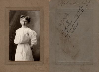 Athelia "Tilly" Loken

This photo mounted on board states: "Nebraska City, Tilly Loken or Athelia as she later wished to be called"

The Photographers name is "Kautz", Nebraska City, Nebraska.

NOTE: Athelia Ragna “Tilly” Loken married Adolf S. Ingebrigtsen
