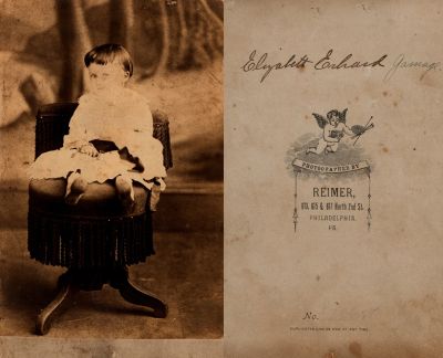 Elizabeth Erhardt Gamage

This Cabinet Card Photo States: "Elizabeth Erhardt Gamage"

The Photographers name is "Reimer", Philadelphia, Pennsylvania.
