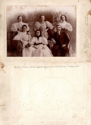 Click to view full size image
==============
Estelle Maybelle Haywood (Far Left, Front Row) & W. Emery Noel
THIS HAS BEEN RETURNED TO FAMILY
This photo mounted on board states: "Estelle Maybelle Haywood (Far Left, Front Row) & W. Emery Noel"
The Photographer was in Wapakoneta, Ohio
Estelle Maybelle Haywood (Far Left, Front Row) & W. Emery Noel
THIS HAS BEEN RETURNED TO FAMILY
This photo mounted on board states: "Estelle Maybelle Haywood (Far Left, Front Row) & W. Emery Noel"
The Photographer was in Wapakoneta, Ohio