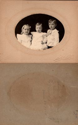 Charles E. Draver, Gertrude L. Draver & Raymond J. Draver

This photo mounted on board states: "Charles E. Draver (3 years), Gertrude L. Draver (2 years) & Raymond J. Draver (1 year), 24 June 1905."

The Photographers name is "Noble's Cottage Studio), Fremont, Michigan
