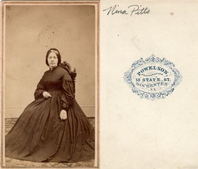 Nina Pitts

This CdV Photograph States: "Nina Pitts"

The Photographers name is "Powelson", Rochester, New York.
